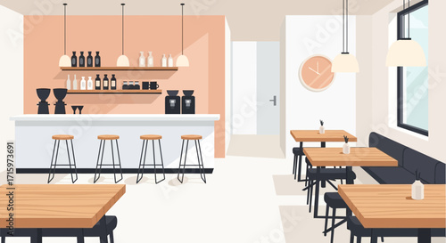 Trendy coffee shop interior with clean minimalist design and modern furniture