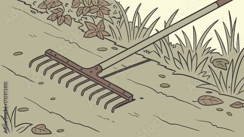 An illustration of a rake lying on the ground with leaves and grass around it in a garden setting