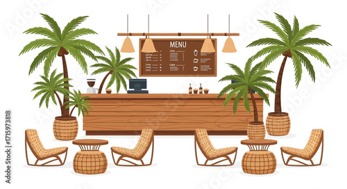 Tropical paradise cafe, a tranquil retreat, inviting atmosphere and tropical elegance
