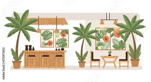 Tropical resort bar and lounge area illustration with exotic ambiance