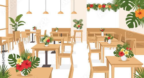 Tropical themed restaurant interior with hibiscus flower decoration concept