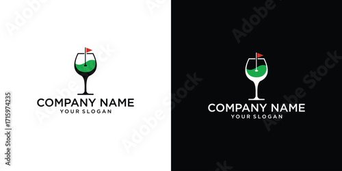 Wine glass logo design template with golf flag. Vector illustration.