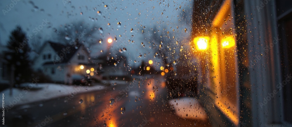 Fototapeta premium Raindrops on glass, blurry lights outside, houses, dark, winter, street