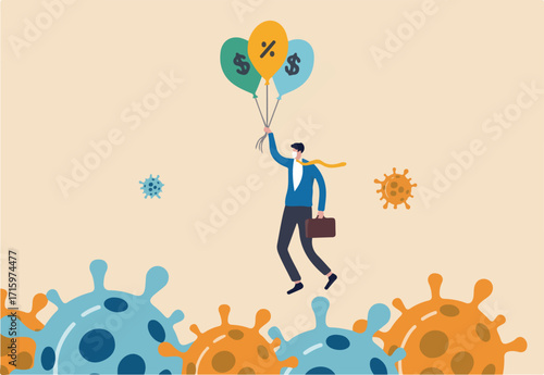 Coronavirus crisis, COVID-19 pandemic impact all business and company with help of banking and government to reduce interest rate and stimulus package, businessman holding balloons fly pass virus.