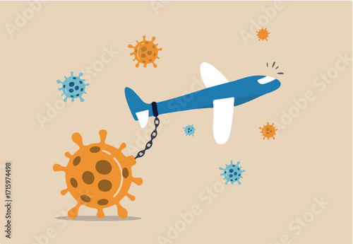 Airlines and travel industry impact financial problem bankrupt from Coronavirus COVID-19 outbreak crisis concept, commercial airplane chain with big heavy Coronavirus COVID-19 pathogen and cannot fly
