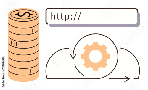 Stack of coins next to a web address bar, cloud, and gear representing online payments, automation, technology, finance, cloud computing, e-commerce. Ideal for fintech SaaS marketing business