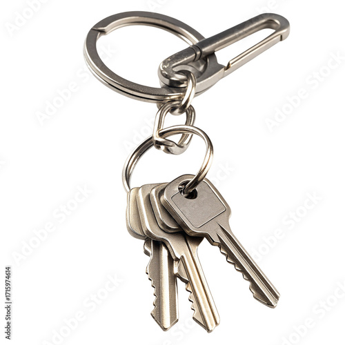 Set of silver metal keys on keychain with carabiner isolated on black background for security use