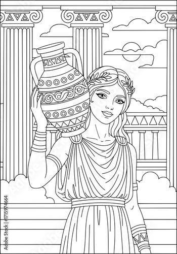 a woman from ancient Greece with an amphora on her shoulder. coloring book