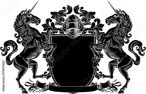 Unicorns coat of arms or crest family heraldry medieval heraldic knight shield with helmet and acanthus filigree scroll ornament in a vintage woodcut style.
