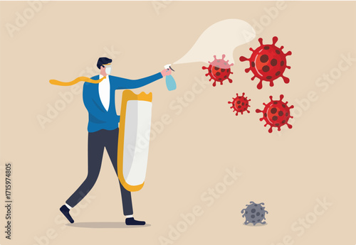Business company to fight and thriving in Coronavirus outbreak COVID-19 economic crisis concept, businessman leader full protective gear holding strong shield and disinfectant spray fight with virus