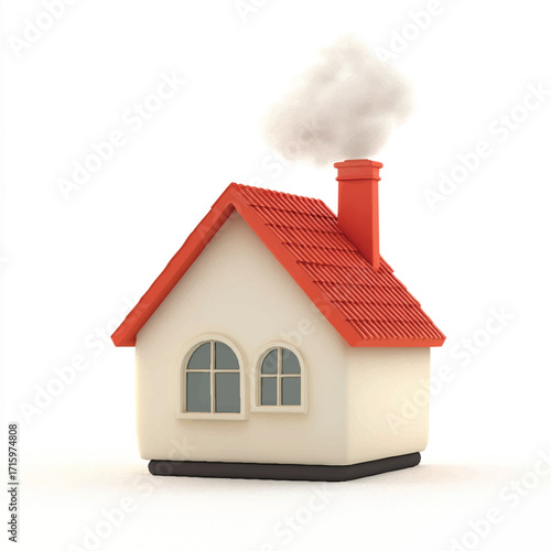 Cartoon house red roof chimney white walls.