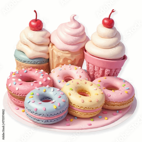 Sweet Treats A Delightful Collection of Donuts, Cupcakes, and Macarons