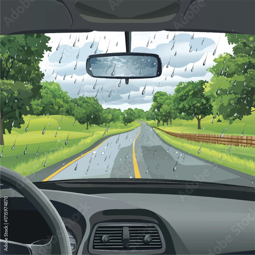 Car interior view on rainy day driving
