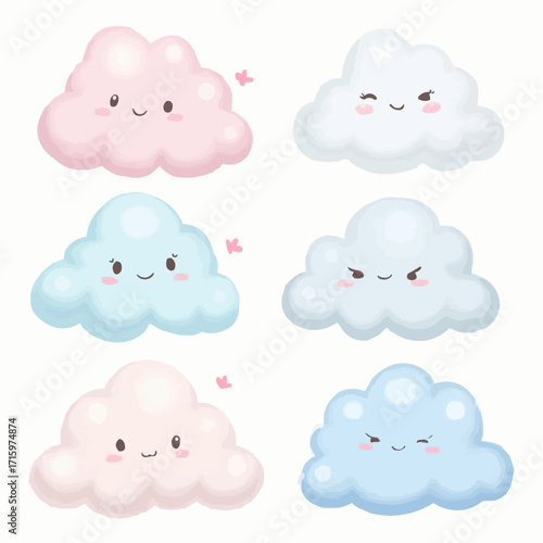 Cute Cartoon Clouds Pink, Blue, Happy & Winking Faces