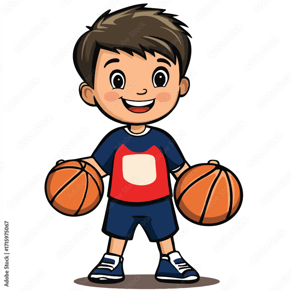 Obraz premium Cartoon Boy Ready to Play Basketball with Two Balls