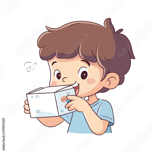 Cartoon boy intently examining a white box with focused expression