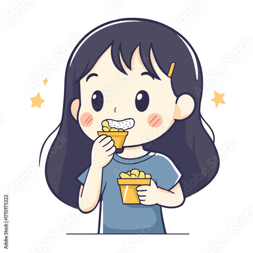 Cartoon girl enjoying a snack of golden bitesized treat