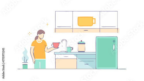 Woman holding a cup in a kitchen with cabinets refrigerator sink and a plant in a modern style design