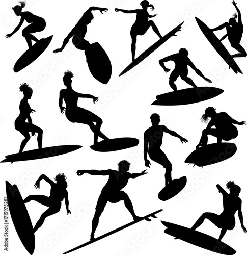 Canvas Print Surfer surfboard boarding male and female surfers surfing silhouette outlines