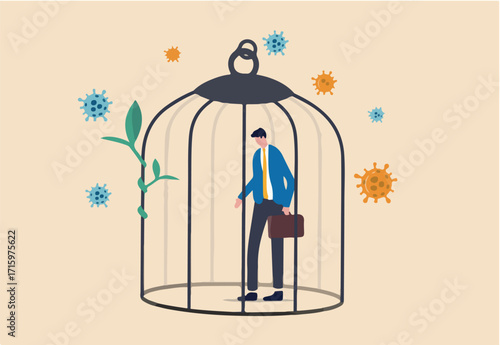Coronavirus COVID-19 lockdown impact business, economy and employment, self quarantine in Coronavirus crisis concept, sad businessman depress standing in cage with virus pathogen