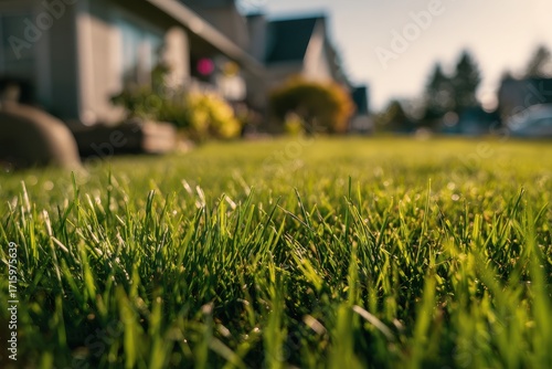 Lush Green Front Yard: Sunlit Grass and Healthy Lawn Care with Fresh Overseed and Fertilizer