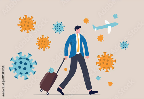 COVID-19 virus impact travel and tourist, novel coronavirus pandemic outbreak spread by traveller concept, businessman traveler with luggage walking in airport surround by COVID-19 virus pathogens.