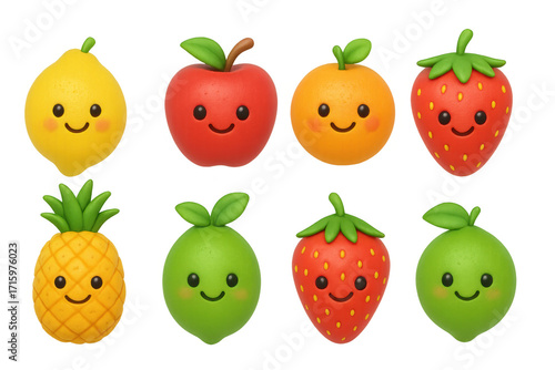 Wallpaper Mural Cute kawaii fruits with faces: lemon, apple, orange, strawberry, pineapple, lime smiling characters Torontodigital.ca
