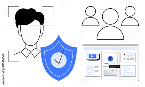 Facial recognition scan with security shield, user data dashboard, and team outline. Ideal for data security, technology, personal privacy, analytics, teamwork, digital identity cybersecurity