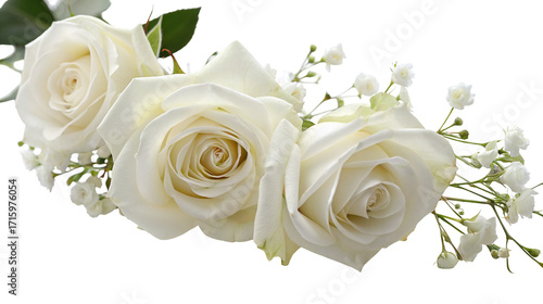 Elegant white roses bouquet with delicate baby's breath on black background for floral arrangement