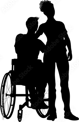 Silhouette of a couple, woman and man. Man is seated in a wheelchair.