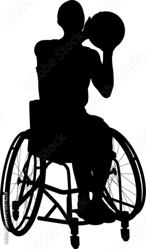 Silhouette of an athlete seated in a sports wheelchair, holding a basketball in a ready to shoot position.