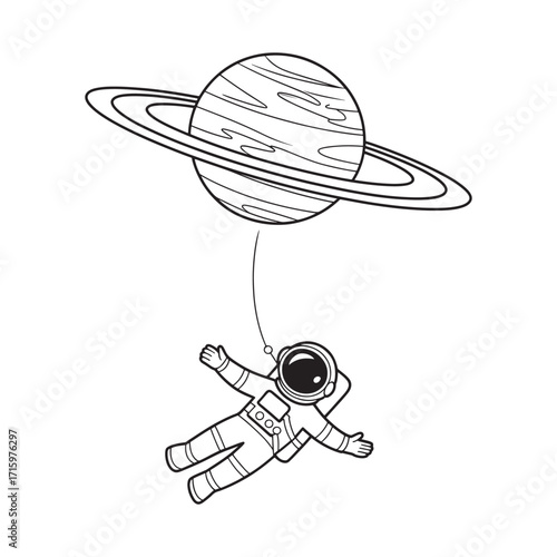 Whimsical Astronaut Floating with Saturn Balloon A Black and White Line Art Illustration of Space Exploration and Dreams