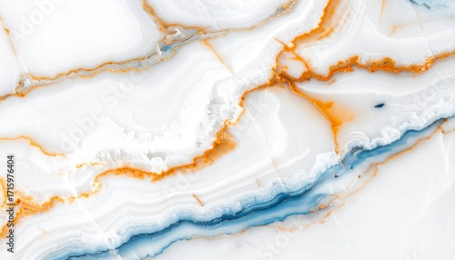 Close-up of white marble with jagged orange and smooth blue veins—organic flow and vivid contrast evoke elemental tension, elegance, and symbolic duality in refined natural composition.