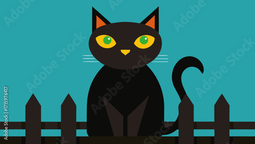 Black Cat with Piercing Eyes on Fence Post– Halloween Vector Background
