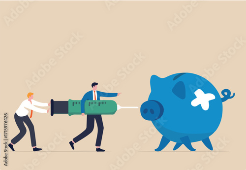 Economic stimulus, QE Quantitative Easing, monetary policy in economic in financial crisis or economic recession, Businessman central bank carrying syringe of money medicine to inject broke piggy bank