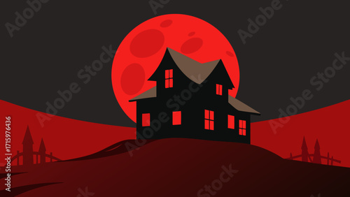 Abandoned House Under Blood Red Moon – Halloween Vector Background