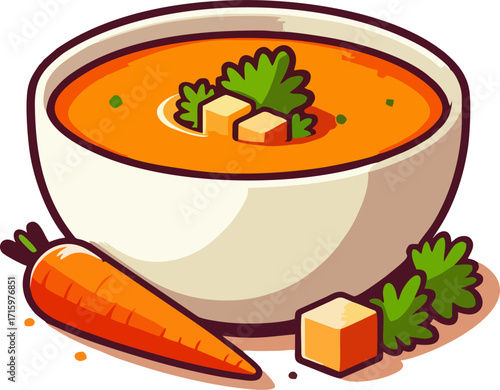 Cartoon Vector Illustration of Carrot Soup Bowl with Parsley, Croutons, and Fresh Carrot Isolated on White Background