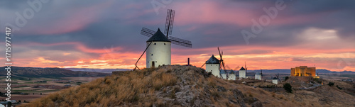 Historic windmills of Consuegra at sunset, Castilla-La Mancha, Spain.