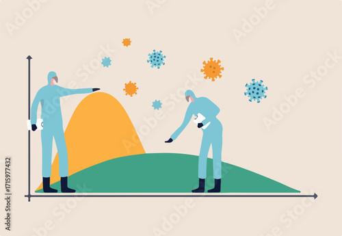 Social distancing, flatten the curve Coronavirus COVID-19 preventing a sharp peak of infections, medical workers work to flatten the curve to slow COVID-19 infection for enough health care capacity.