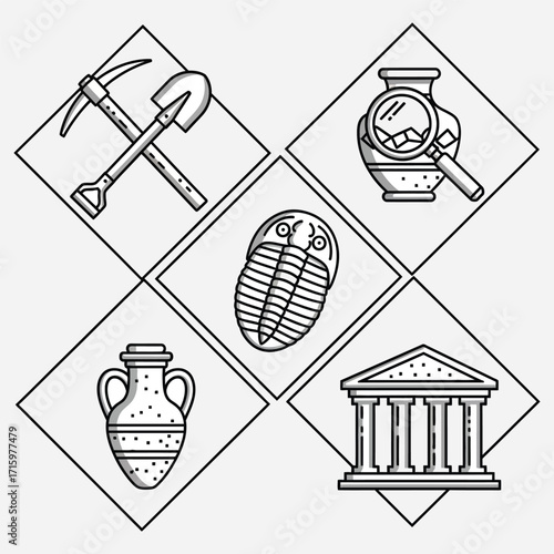 Outline illustration set with archaeology tools, ancient artifacts, fossils, and a museum building
