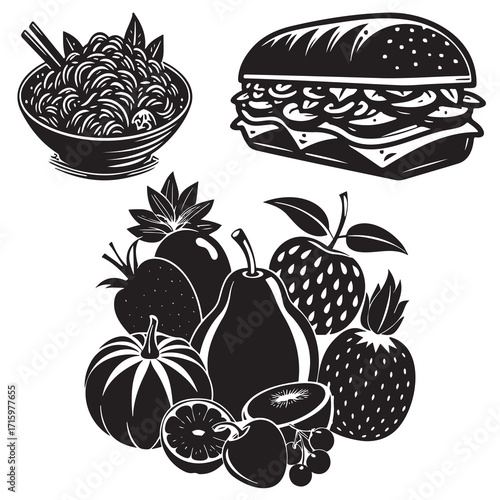 Assorted fresh fruits including strawberries, blueberries, strawberries, oranges, pears, and cherries with detailed leaves and a bowl of noodles and a sandwich with lettuce and tomato