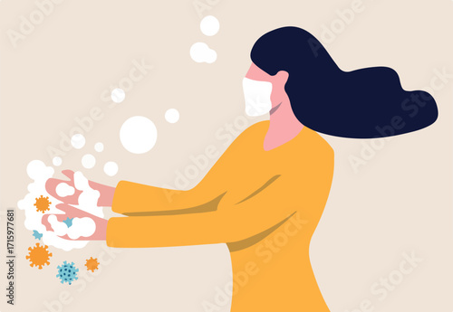 Washing hands to sanitize and disinfect COVID-19 Coronavirus pathogens from your hands concept, woman washing hands with alcohol gel or soap with bubbles and COVID-19 virus pathogen on her hands.