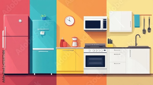 Modern Kitchen Design with Colorful Appliances and Essentials