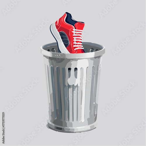 Discarded red and white athletic shoe in a trash bin, concept of waste and disposal