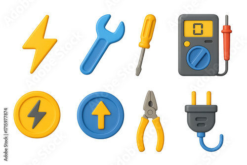 Colorful 3d electrician tools icon set with digital multimeter