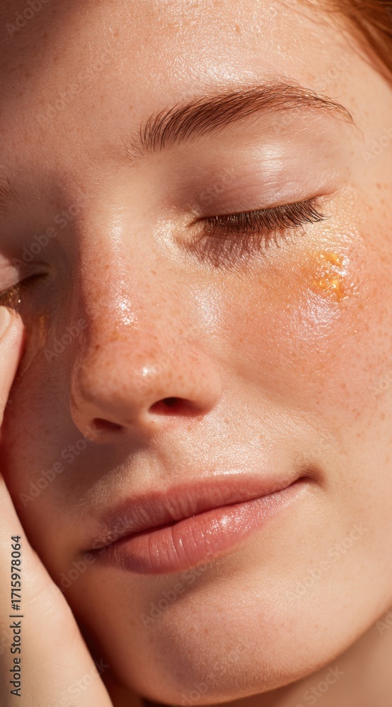 Fototapeta premium Close-up of a Young Woman's Face with Freckles and Dewy Skin, Enhancing Natural Beauty Through Skin Care and Self-Care Practices