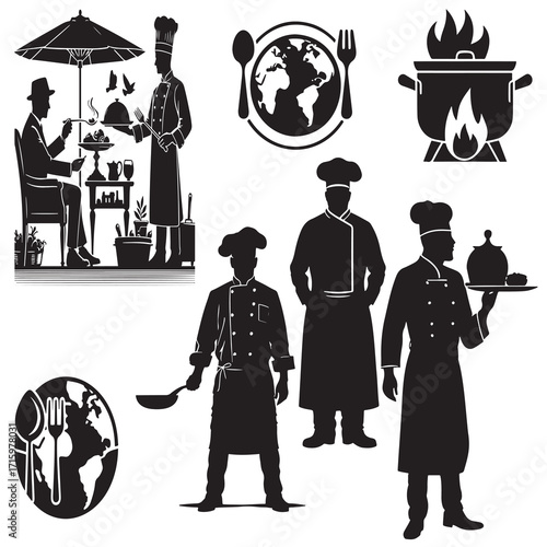A culinary scene featuring professional chefs and waitstaff preparing serving food, with symbols of global cuisine and cooking elements highlighting the art of food preparation and hospitality