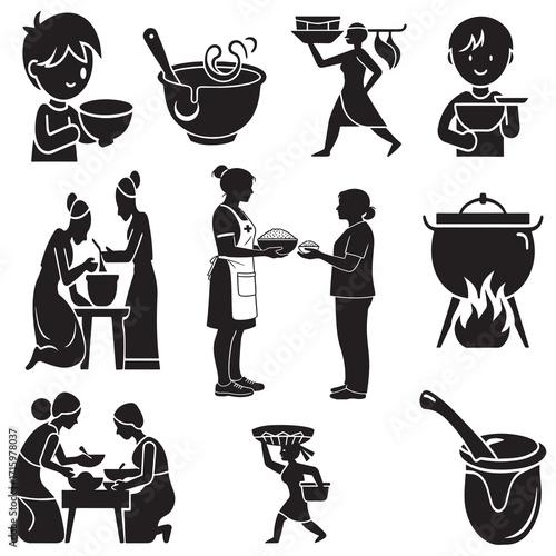 A diverse collection of people preparing cooking and serving food, including chefs, waitstaff, and home cooks, highlighting a vibrant culinary scene and teamwork in food preparation and service