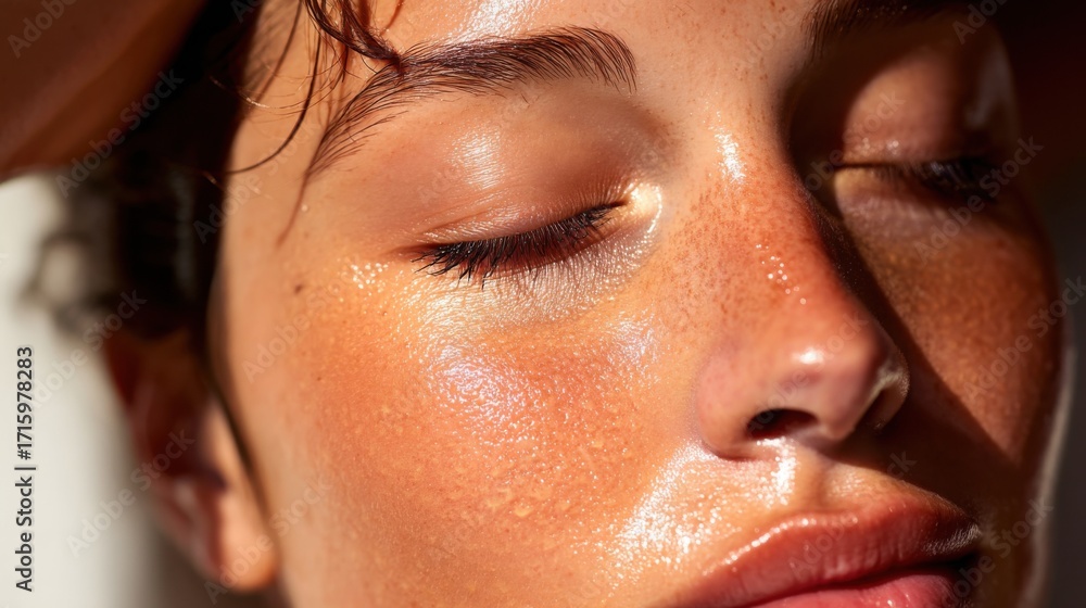 Naklejka premium Radiant and Glowing Skin: The Beauty of Natural Complexion Under Soft Lighting with a Serene Expression