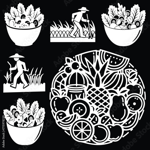 Celebrating fresh farm produce with illustrations of vibrant salads, farmers tending fields, and an assortment of colorful fruits and vegetables in a lively and artistic style